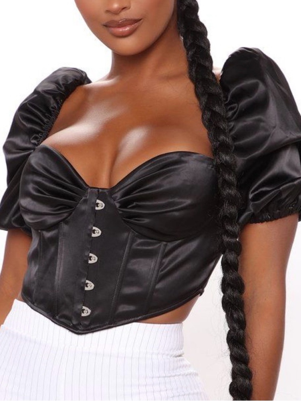 Fashion Nova Black Satin Corset Puff Sleeve Crop Top